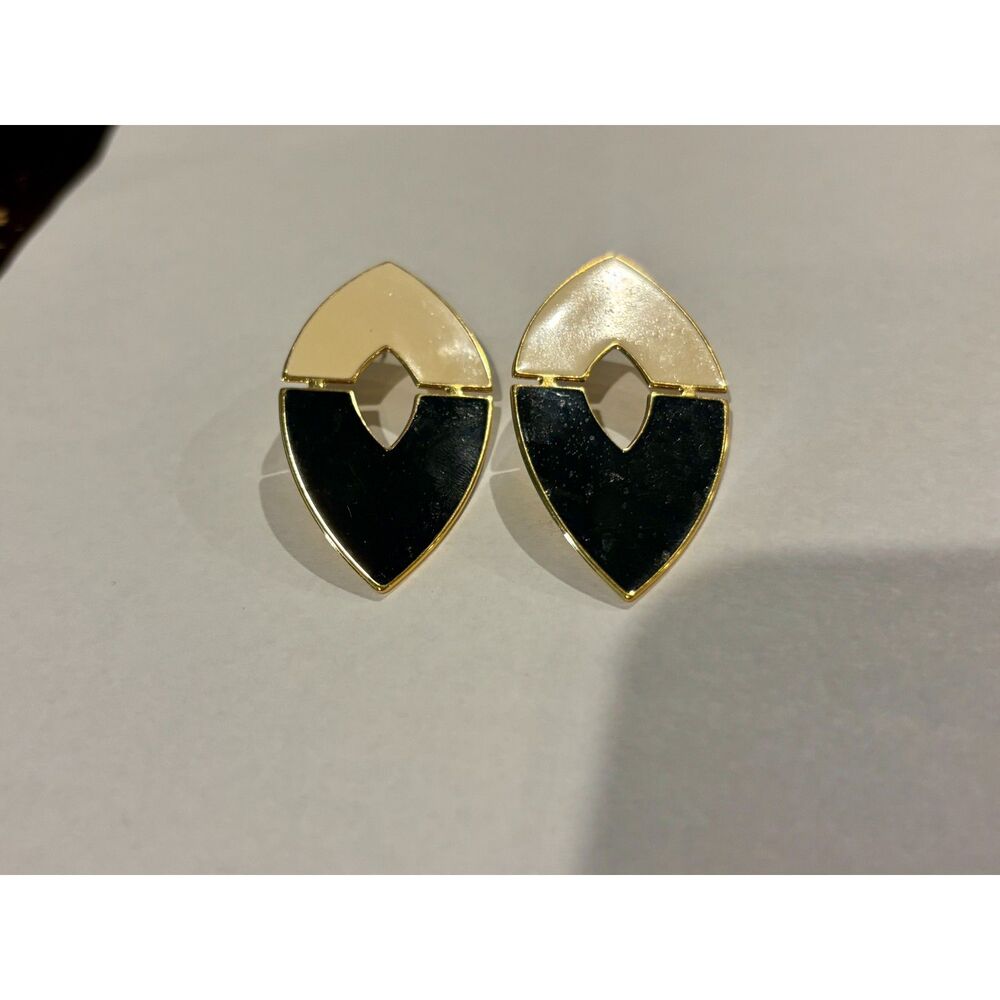 Vintage Monet earrings gold black cream geometric design large stud earring